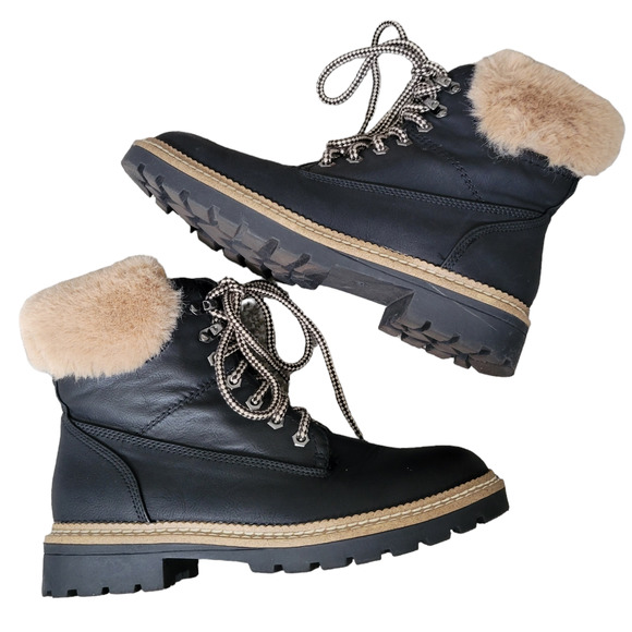 Steve Madden Shoes - Steve Madden Alaska Lace Up Black Faux Leather Fur Boots Women's US 8.5
